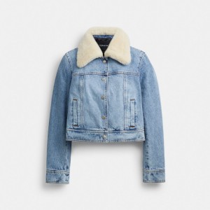 Blue Women COACH® Shearling Collar Denim Jacket | NZ MQB437