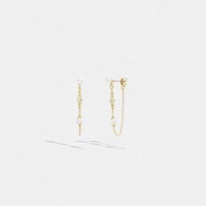 Gold Women COACH® Classic Pearl Chain Earrings | NZ NWL540