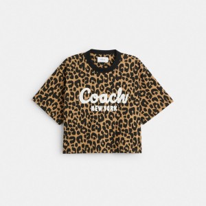 Leopard Women COACH® Leopard Cursive Signature Cropped T Shirts | NZ FDI502