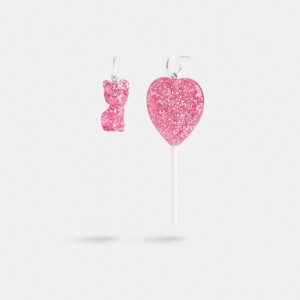 Silver / Pink Women COACH® The Lil Nas X Drop Cat And Heart Lollipop Mismatch Earrings | NZ QML567