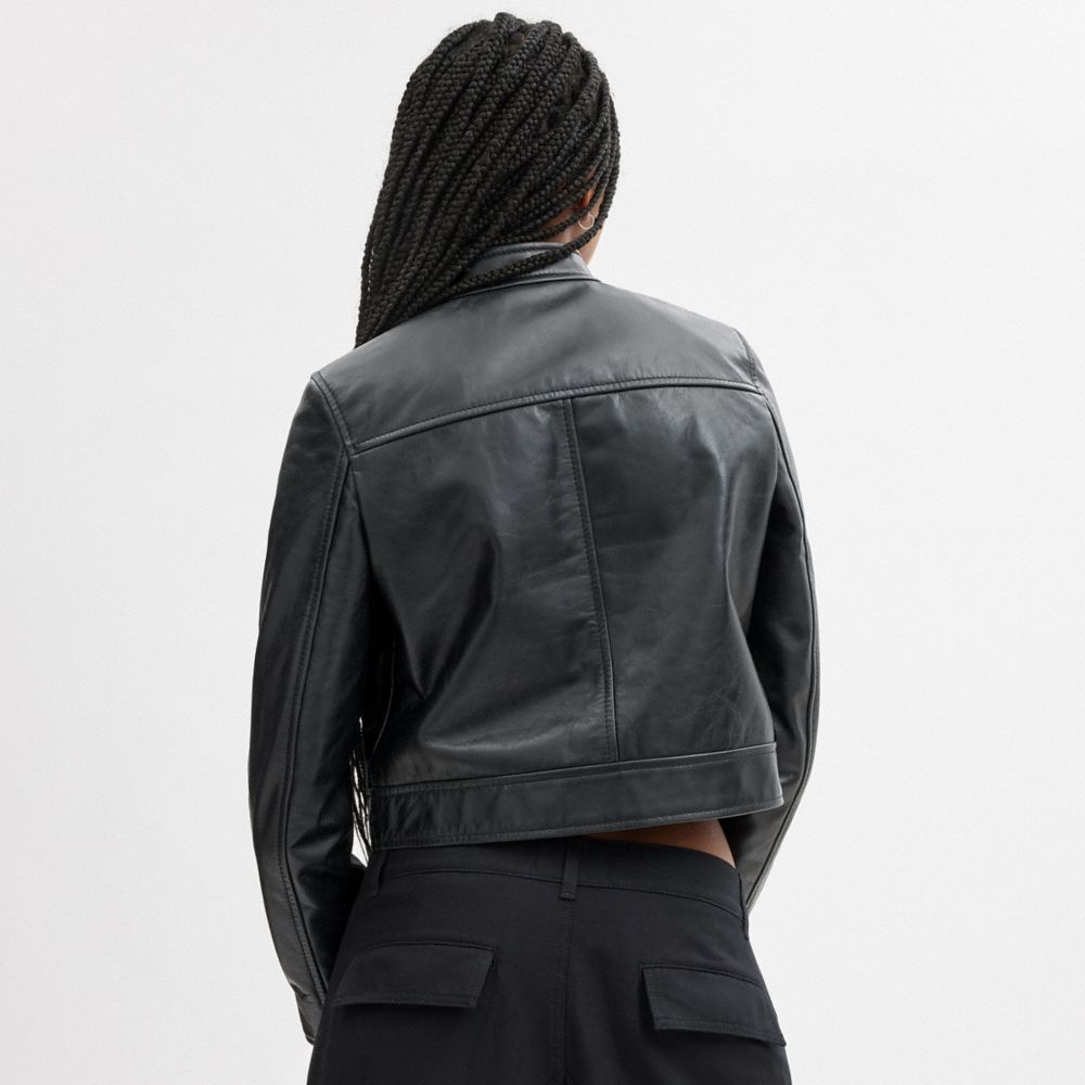 Black Women COACH® Leather Racing Jacket | NZ KOH429