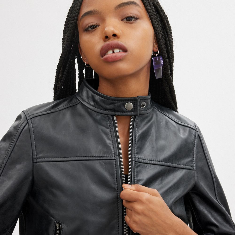 Black Women COACH® Leather Racing Jacket | NZ KOH429