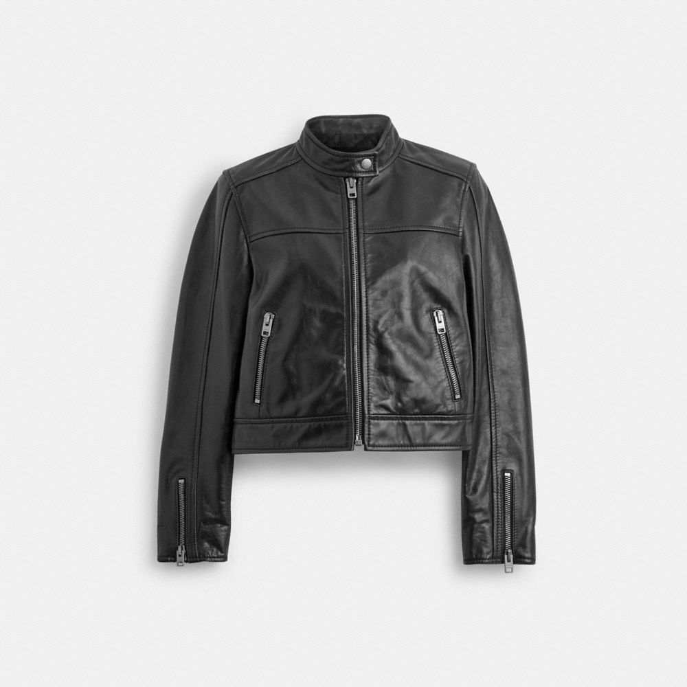 Black Women COACH® Leather Racing Jacket | NZ KOH429