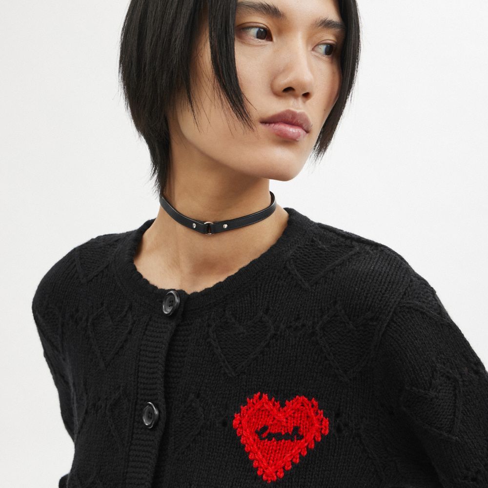 Black Women COACH® Pointelle Heart Cardigan Sweater | NZ GSA478