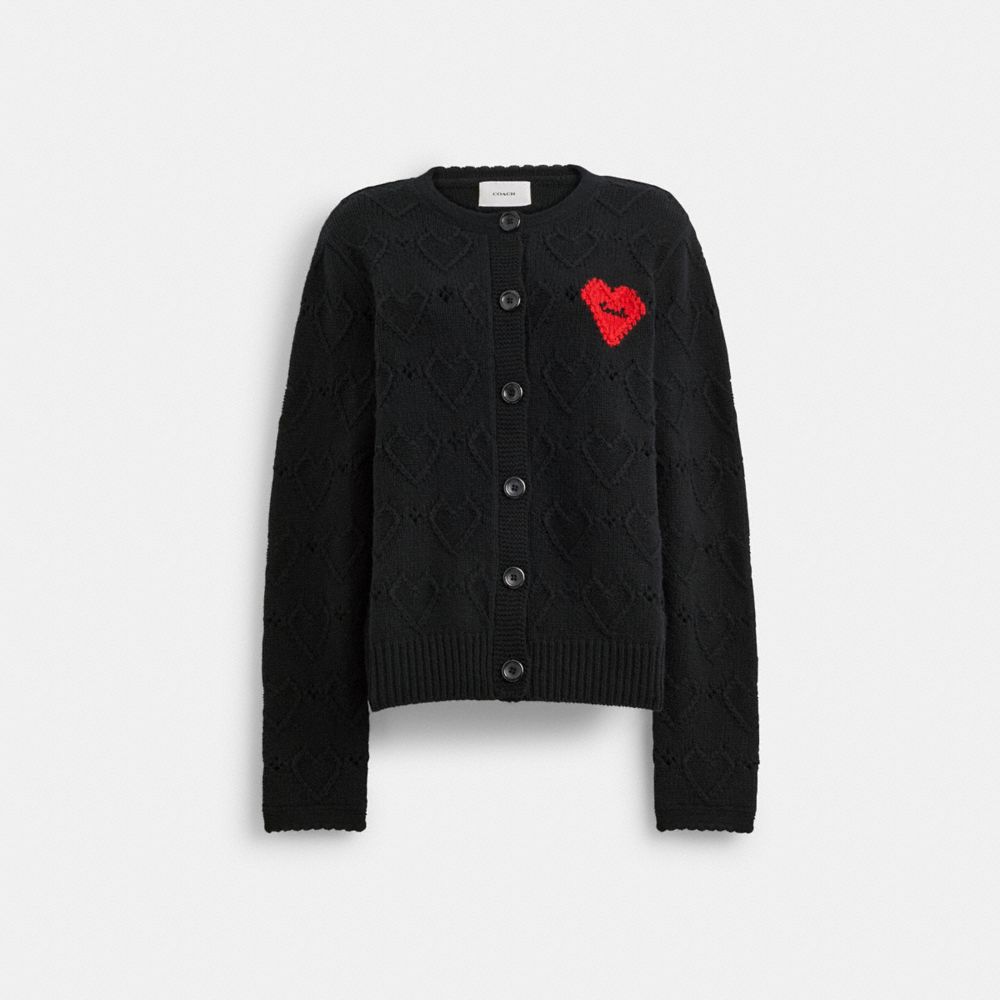 Black Women COACH® Pointelle Heart Cardigan Sweater | NZ GSA478