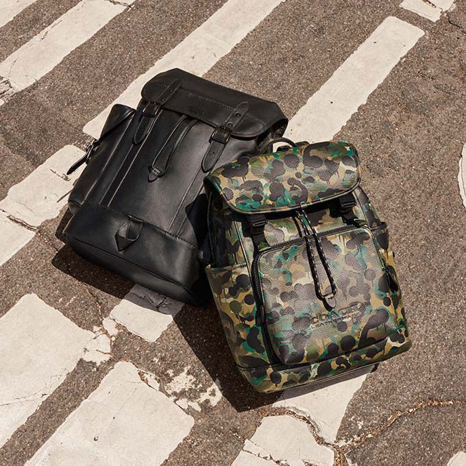 Black / Green / Blue Men COACH® League Flap With Camo Print Backpack | NZ AHV193