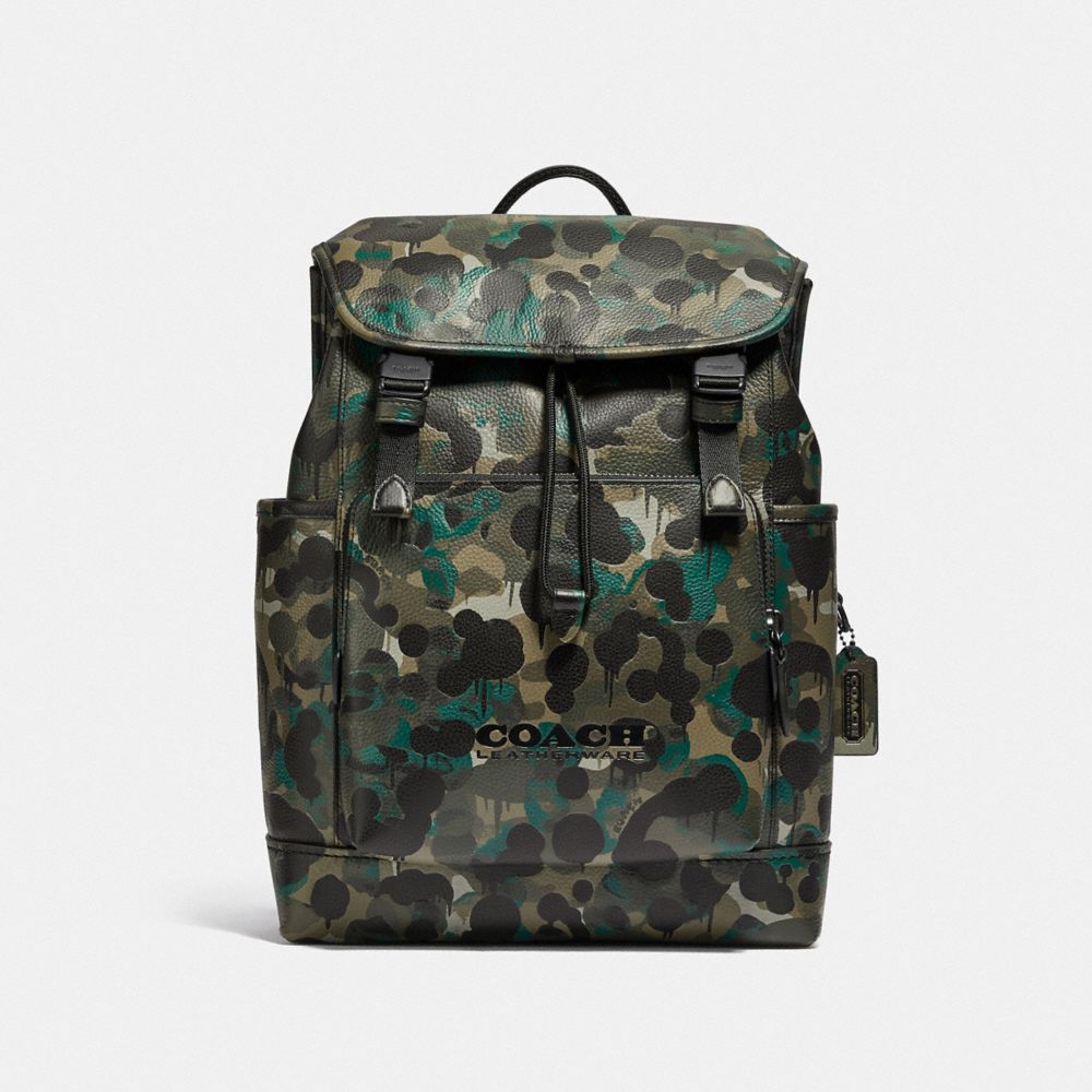 Black / Green / Blue Men COACH® League Flap With Camo Print Backpack | NZ AHV193