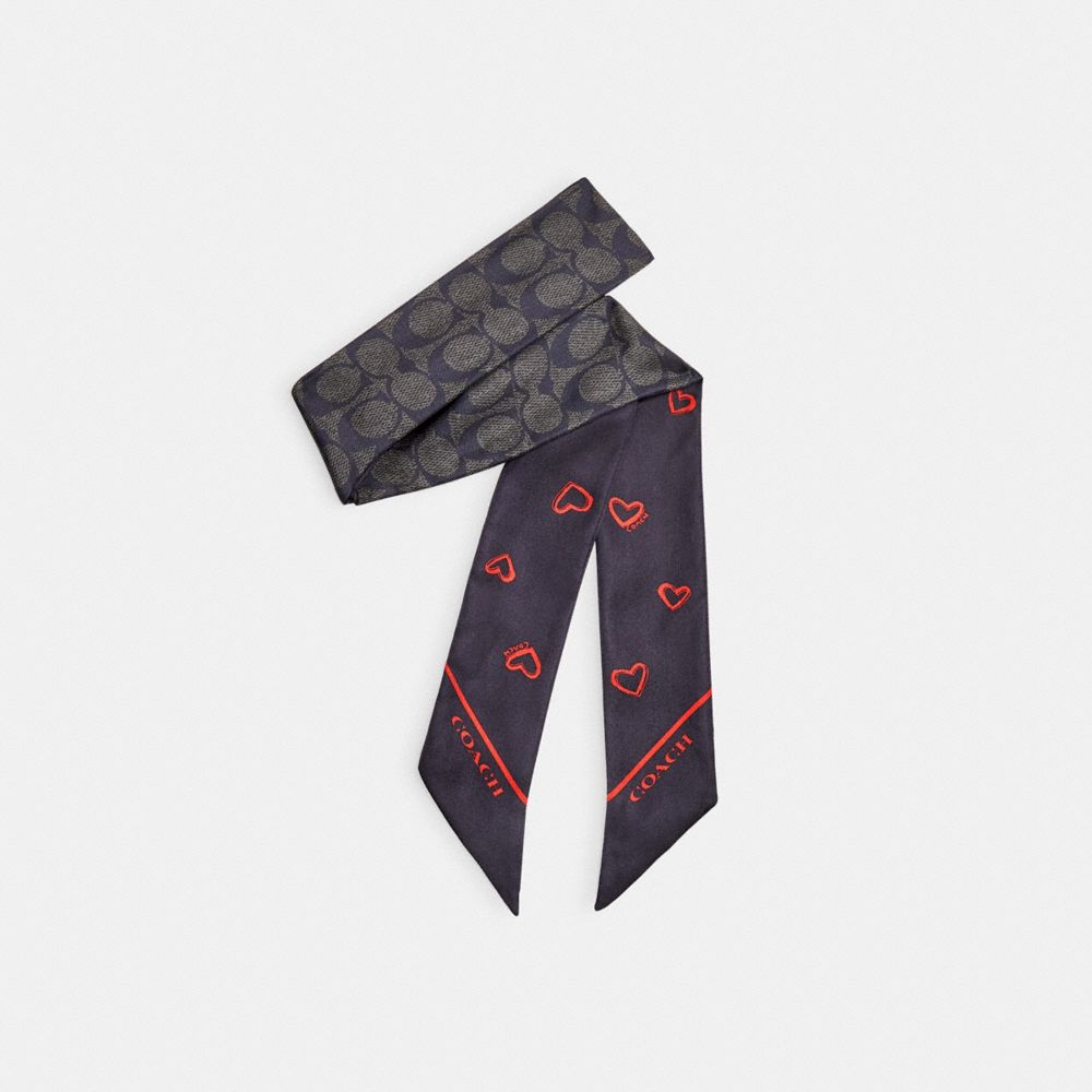 Black / Red Women COACH® Hearts Print Silk Skinny Scarf | NZ VRZ649