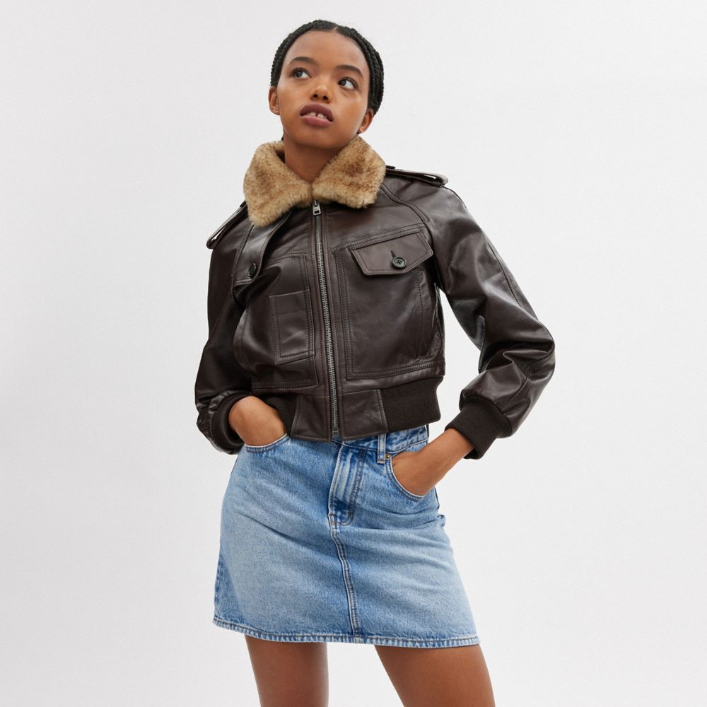 Brown Women COACH® Cropped Leather Jacket | NZ GSD426