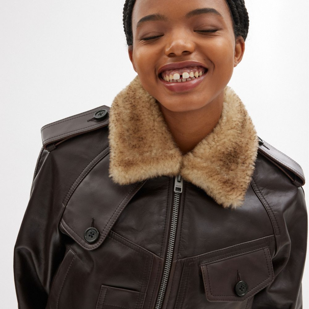 Brown Women COACH® Cropped Leather Jacket | NZ GSD426