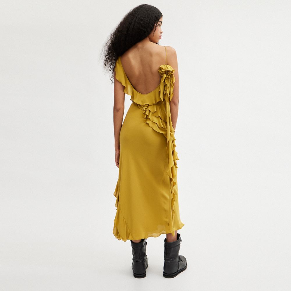 Dark Yellow Women COACH® Bias With Ruffle Neckline Dress | NZ PJH402