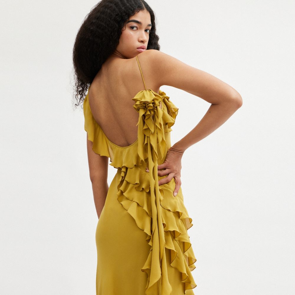 Dark Yellow Women COACH® Bias With Ruffle Neckline Dress | NZ PJH402