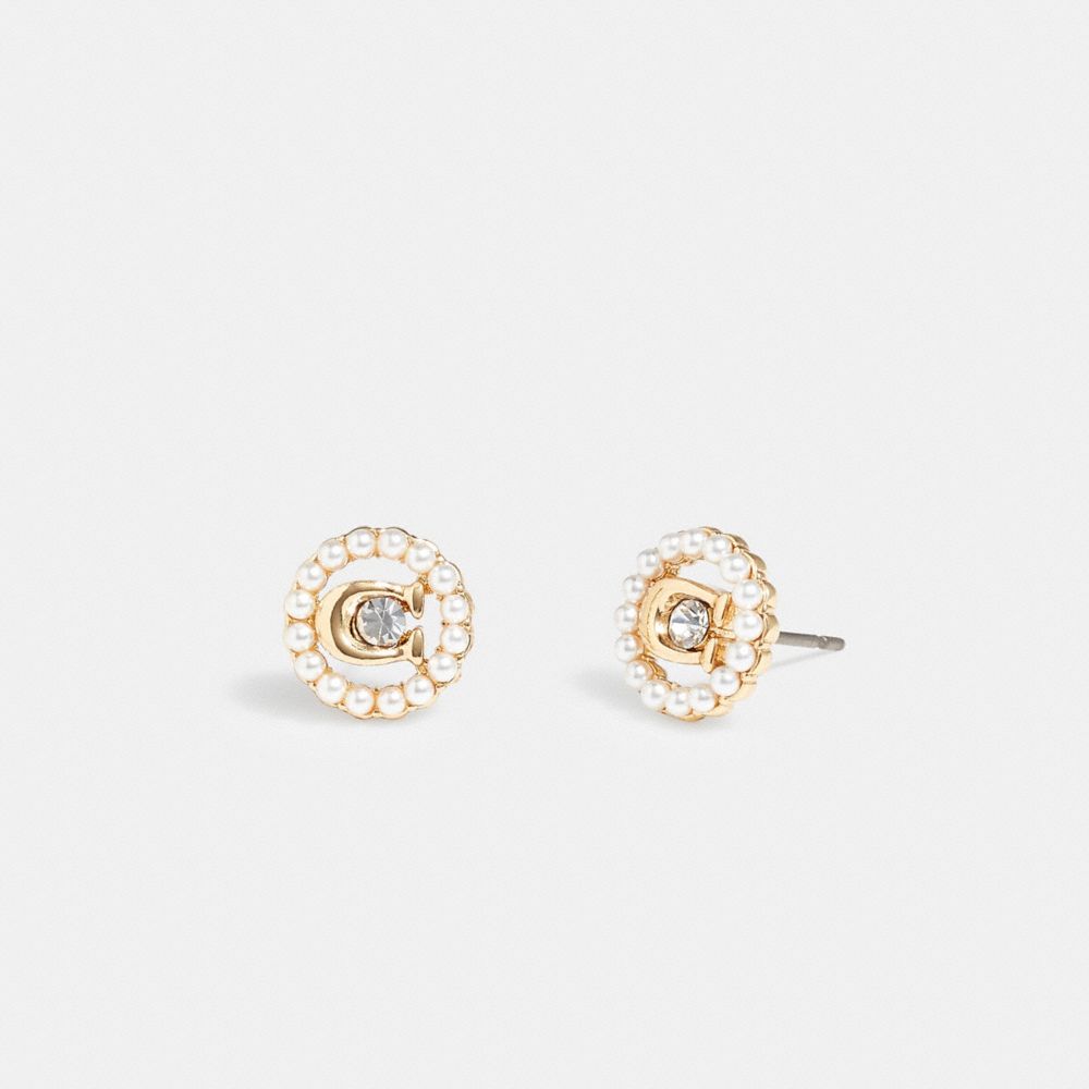 Gold Women COACH® Signature Crystal Pearl Stud Earrings | NZ OKA559