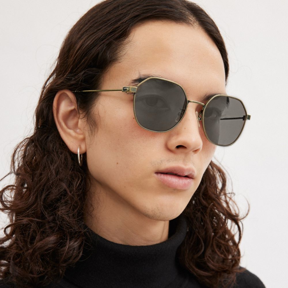 Gold / Black Men COACH® Hinged Geometric Round Sunglasses | NZ CTM277