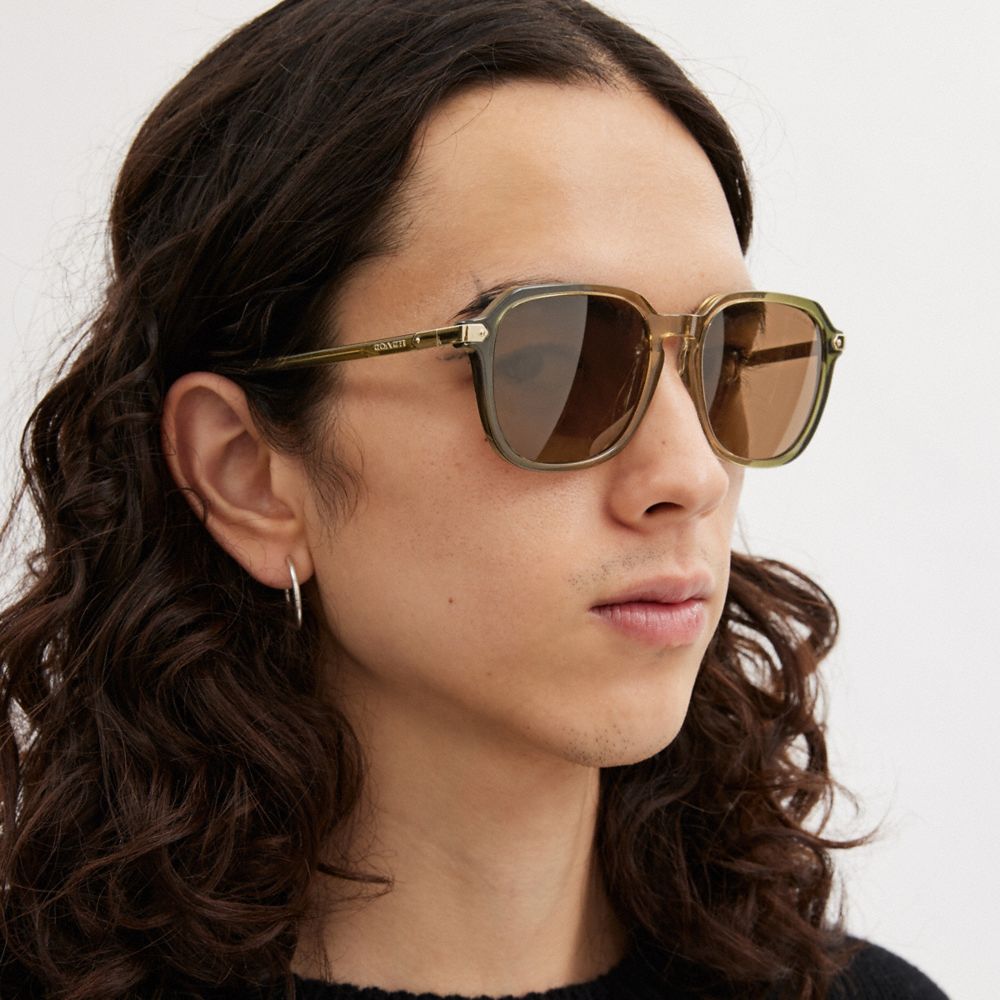 Green / Brown Men COACH® Wrap Around Hangtag Keyhole Sunglasses | NZ MQE281