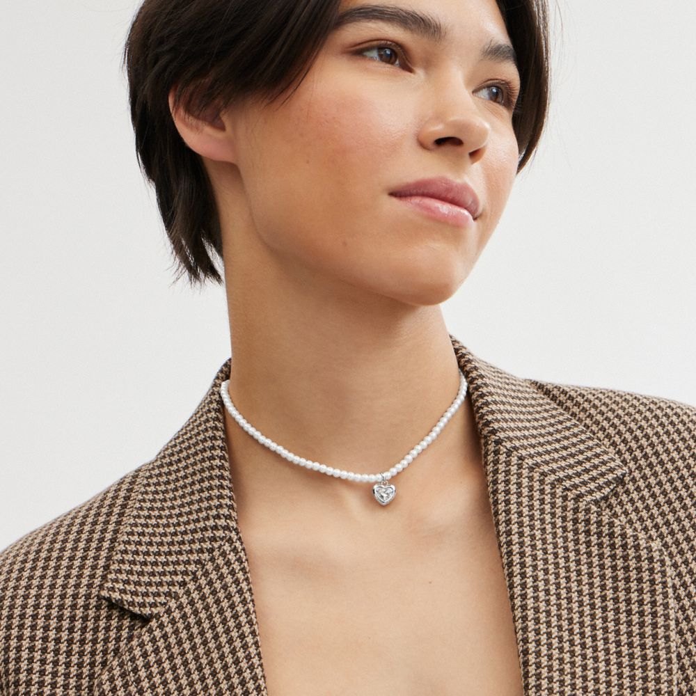 Silver Women COACH® Heart Pearl Choker Necklace | NZ SGR579