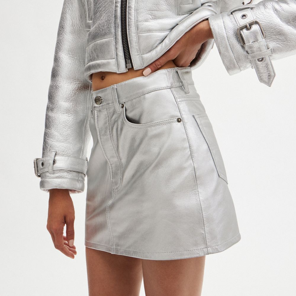 Silver Women COACH® Leather Mini In Metallic Skirt | NZ YXW469