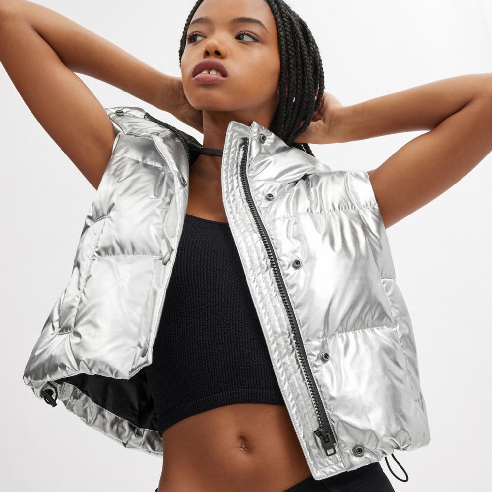 Silver Women COACH® Puffer Vest In Metallic Jacket | NZ VRX434